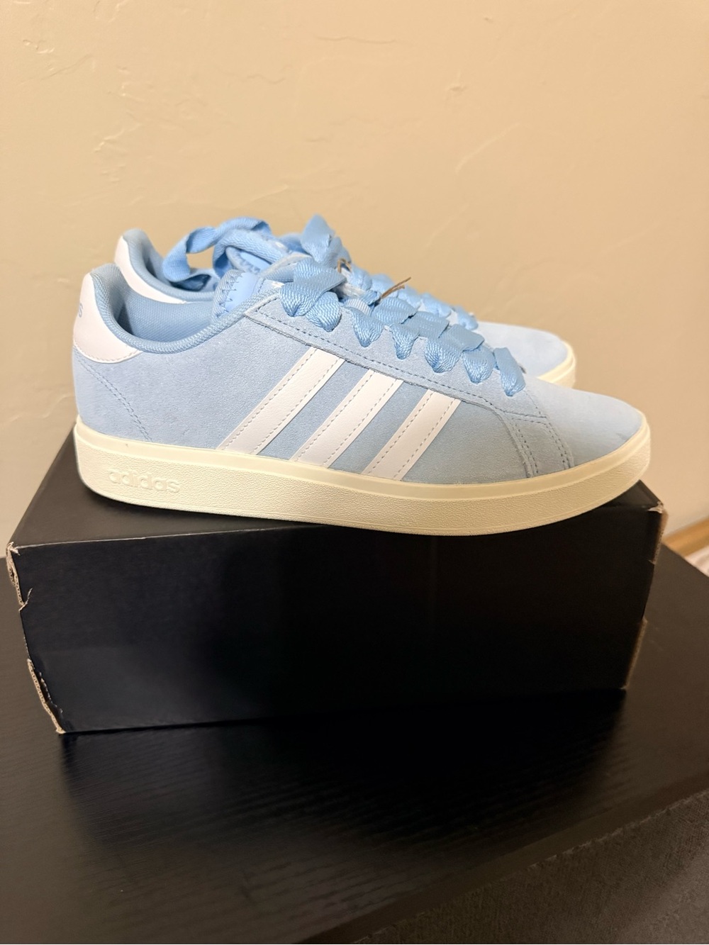 adidas Women's Grand Court Base 00 Light Blue Suede Sneaker with White Stripes